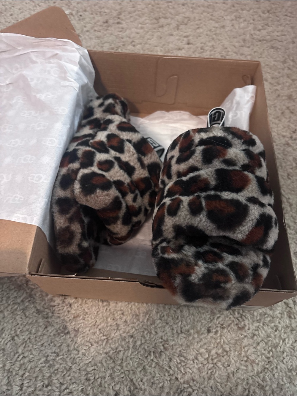 Ugh Fuzzy Leopard Print Slide Slippers - Brown & Black
